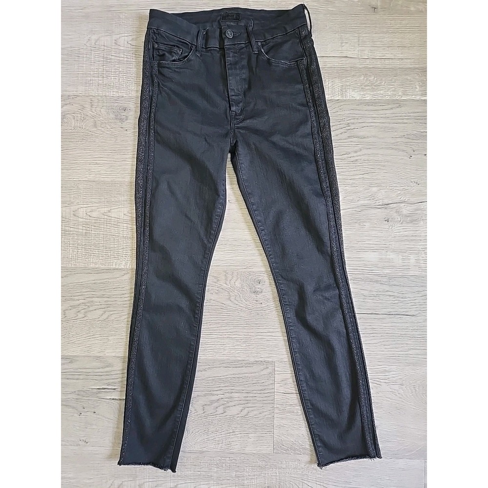 MOTHER HW Looker Ankle Fray Guilty Party Racer Sz 26 Black Skinny Raw Hem